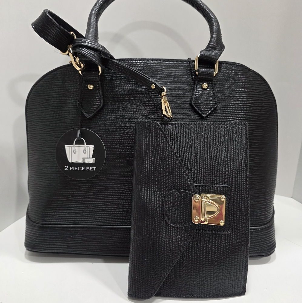 Vegan Textured Leather Black Women's Satchel And Wallet Set